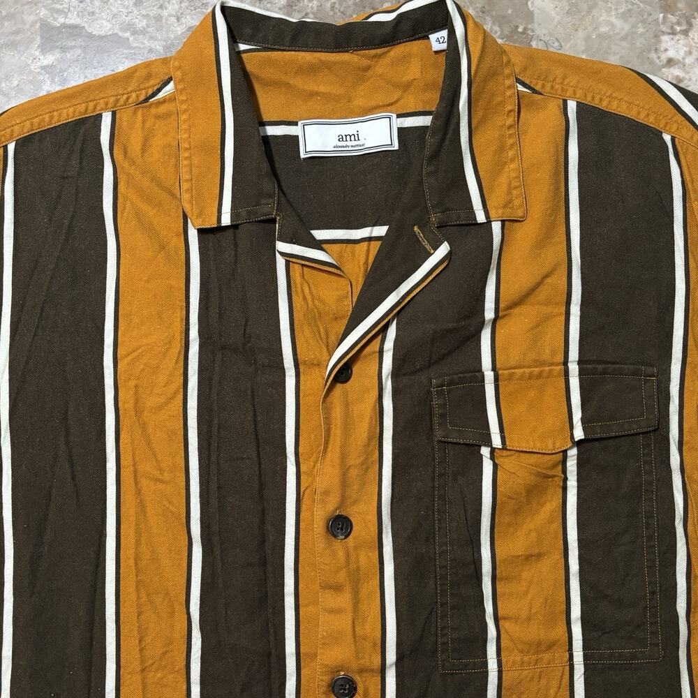 Ami Shirt Mens Size 42 Large Brown Orange Camp Collar Short Sleeve Cotton Blend